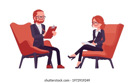 Businessman, businesswoman red haired office worker with clipboard. Armchair sitting manager, administrative person, employee. Vector flat style cartoon illustration isolated, white background