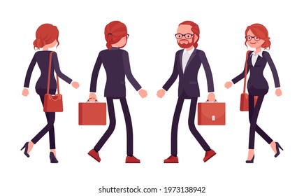 Businessman, businesswoman red haired office worker walking. Bossy manager, administrative person, corporate employee dress code. Vector flat style cartoon illustration isolated on white background