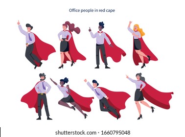 Businessman and businesswoman with red superhero cloak set. Man and woman with a power and motivation in different poses. Idea of leadership. Flat vector illustration