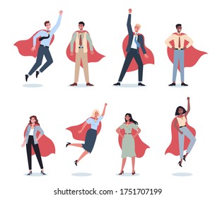 Businessman and businesswoman with red superhero cloak set. Man and woman with a power and motivation in different poses. Idea of leadership. Flat vector illustration