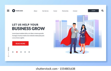 Businessman and businesswoman in red superhero cloaks against cityscape. Vector business illustration for web landing page, banner, poster design. Concept of achievement, leadership, successful career