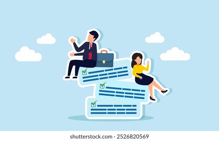 A businessman and businesswoman are relaxing on a pile of checkboxes, illustration of the successful and smooth completion of all business projects.