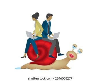 Businessman and businesswoman riding on snail while working on laptops. Isolated on white. Vector illustration.