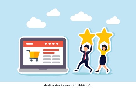 A businessman and businesswoman run carrying a star towards a laptop displaying a marketplace website, illustrating giving ratings for marketplace performance