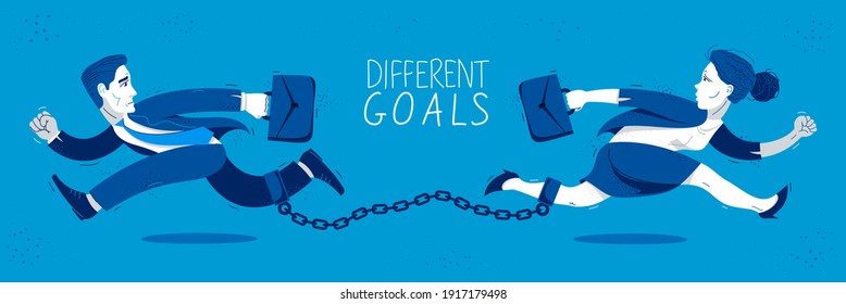 Businessman And Businesswoman Run In A Different Directions Linked By A Shackles To Their Legs Vector Illustration, Different Goals Concept, Man And Woman Business Competition.