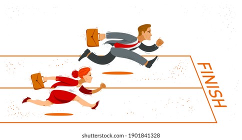 Businessman and businesswoman run to finish vector illustration, concept of career and success competition in work and business, man and woman winner leader.