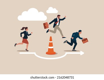Businessman And Businesswoman Run The Way Around And Jump Pass Traffic Pylon Roadblock. Overcome Business Obstacle, Blocker, Effort To Break Through Road Block, Solution To Solve Business Problem