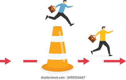 Businessman and businesswoman run the way around and jump pass traffic pylon roadblock. Overcome business obstacle, blocker, effort to break through road block, solution to solve business problem

