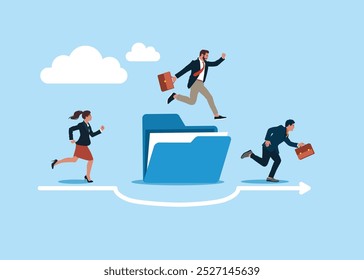 Businessman and businesswoman run the way around and jump pass file folder. Overcome solution to solve business problem. Flat vector illustration