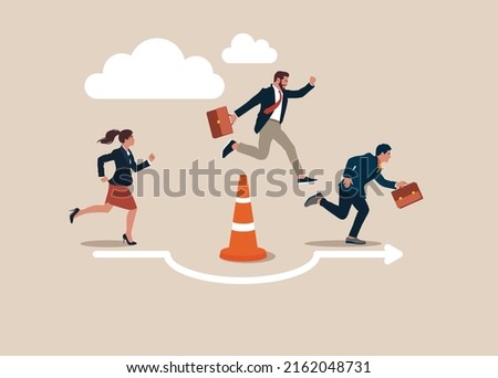 Businessman and businesswoman run the way around and jump pass traffic pylon roadblock. Overcome business obstacle, blocker, effort to break through road block, solution to solve business problem