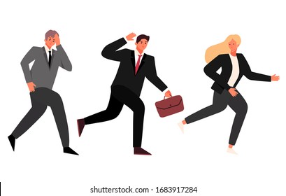 businessman and businesswoman running away from being chased by something flat vector illustration.