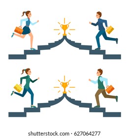 Businessman and businesswoman running to the goal, achievement, reward. Man and woman running towards each other. Illustration about career, ambition. Vector image isolated on white.