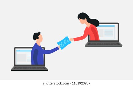 Businessman and businesswoman send and receiving e mail, E mail marketing. Inbox message. Inbox email, vector illustration