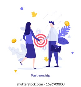 Businessman and businesswoman shaking hands. Concept of partnership, agreement, deal making, business cooperation for successful profit goal achievement. Modern flat colorful vector illustration.