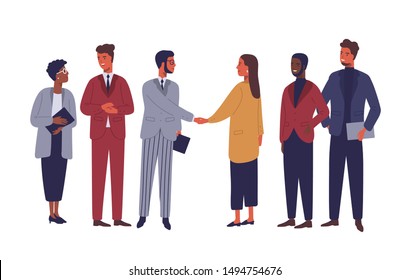 Businessman and businesswoman shaking hands flat vector characters. International partnership isolated clipart. Successful negotiations, agreement cartoon illustration. Business partners meeting.