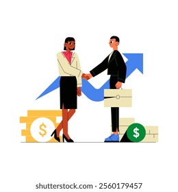 Businessman And Businesswoman Shaking Hands With Growth Arrow In Flat Vector Illustration Symbolizing Partnership, Success, And Business Growth, Isolated On White Background