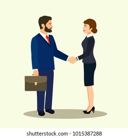 Businessman and businesswoman shaking hands. Handshake of business partners.Vector flat style illustration