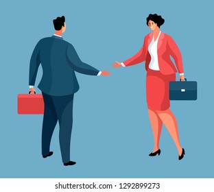 Businessman and businesswoman shaking hands. Two cartoon characters, male and female, in full height, with briefcases, wearing business clothing.  Vector illustration