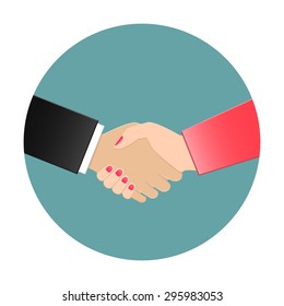 Businessman And Businesswoman Shaking Hands. Vector Handshake Icon In Flat Design.