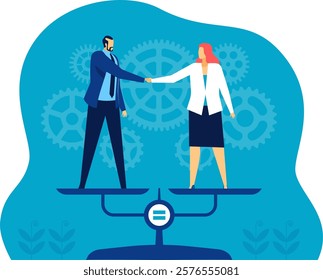 Businessman and businesswoman shaking hands while standing in equilibrium on a balanced scale with gears in the background, representing gender equality in business and equal opportunities