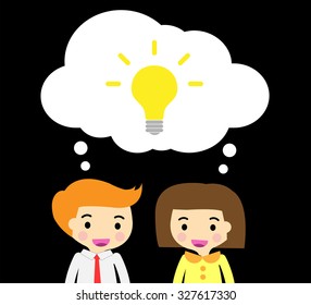 businessman and businesswoman Share Idea. cartoon flat design. Business plan concept. Vector illustration. two business man pink background. team teamwork.Brainstorming. fix the problem. speech bubble