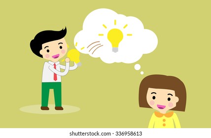 businessman and businesswoman Share Idea. cartoon flat design. Business plan concept. Vector illustration. two business man yellow background. team teamwork. borrow Idea, steal ideas.