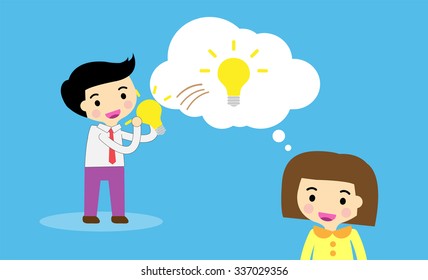 businessman and businesswoman Share Idea. cartoon flat design. Business plan concept. Vector illustration. two business man red background. team teamwork. borrow Idea, steal ideas.