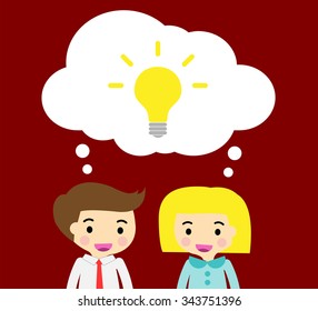 businessman businesswoman Share Idea. cartoon flat design. Business plan concept. Vector illustration. two business man background. team teamwork.Brainstorming. fix the problem. speech bubble