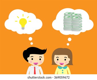 businessman businesswoman Share Idea. cartoon flat design. Business plan concept. Vector illustration. two business man orange background. team teamwork.Brainstorming. fix the problem. speech bubble