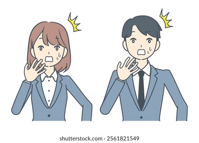 A businessman and businesswoman with shocked expressions, showing surprise or unexpected situations in a business context.