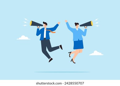 Businessman and businesswoman shouting by megaphone