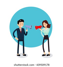 Businessman and businesswoman shouting at each other in the speakers. Man and woman are in active negotiations. Vector illustration in flat style. Businessman and businesswoman characters standing.