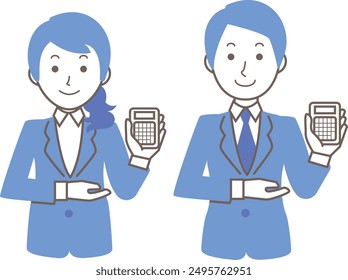 A businessman and a businesswoman show a calculator and proceed with business negotiations