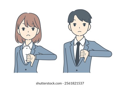 A businessman and businesswoman showing a thumbs-down gesture, symbolizing disapproval, disagreement, or dissatisfaction in a business setting.