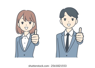 A businessman and businesswoman showing a thumbs-up gesture,symbolizing approval,positivity,or agreement in a professional setting.