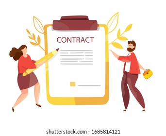 Businessman And Businesswoman Sign A Contract. Cute Woman With Pencil. Woman Signs A Cooperation Document. Corporate Document. Agreement Checking. Partnership, Digital Contract. Vector.