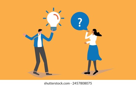 Businessman and businesswoman silhouette with speech bubble and idea concept. Question and answer. FAQ frequently asked qestion mark sing and lightbulb solution.