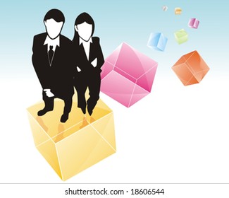 businessman and businesswoman silhouettes standing on a glassy cube. few colorful cubes on the back.
