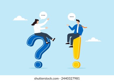 Businessman and businesswoman sit on question and answer mark, illustrating qa session. Concept of faq, and discussions to find solutions, brainstorm ideas, conversation, or quiz