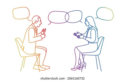 Businessman and businesswoman sit opposite each other and talk. Rainbow color. Sketch vector illustration.