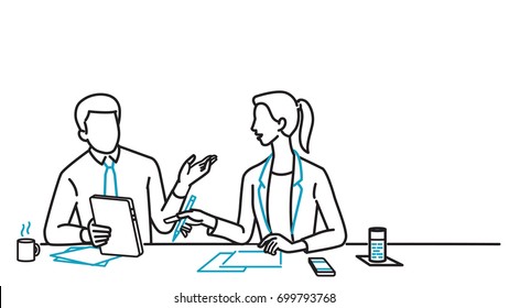 Businessman and businesswoman sitting on table, holding digital tablet, discussing together. Line art, linear, outline, thin line, hand drawn sketching design, simple style. 