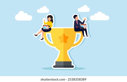 A businessman and businesswoman are sitting on a trophy while each holding a laptop, illustrating analysis and evaluation of business performance to become the best in their field