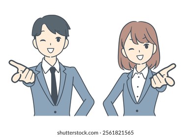 A businessman and businesswoman smiling while pointing forward, symbolizing positivity, direction, and friendly engagement in a professional setting.