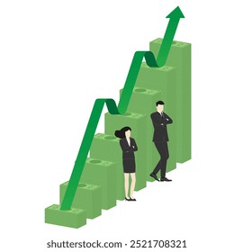 Empresario y mujer de negocios confían en una pila de billetes y el gráfico verde que sube. Ventas, objetivo, objetivo de riqueza, liderazgo financiero y poder del trabajo en equipo para lograr el éxito económico.