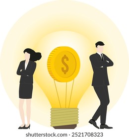 Businessman and businesswoman stand confidently at a lightbulb coins. Concepts of idea thinking, target, wealth creation, financial leadership, and power of teamwork in achieving economic success.