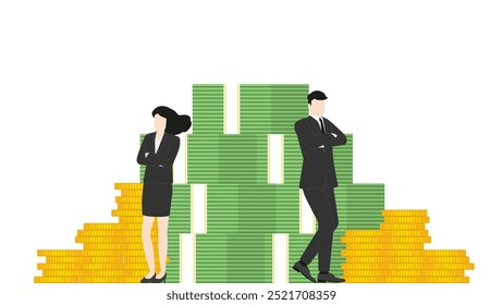 Businessman and businesswoman stand confidently at a stack of banknotes and coins. Concepts of Sales goal, wealth creation, financial leadership, and power of teamwork in achieving economic success.