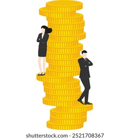 Businessman and businesswoman stand confidently at a stack of coins. Concepts of Sales volumn, reach target, wealth creation, financial leadership, and power of teamwork in achieving economic success.