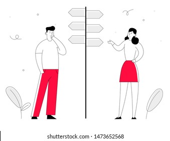 Businessman and Businesswoman Stand on Crossroad Fork Pointer Making Decision What Road to Choose. Business Challenge and Task Choice Way Concept Cartoon Flat Vector Illustration in Line Art Style