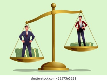 Businessman and businesswoman stand on a golden scale, conveys the disparity in salary, with the businessman appearing heavier. Sparks discussions on gender pay gaps and workplace inequality