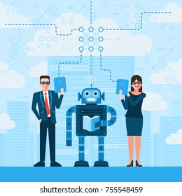Businessman And Businesswoman Stand With Robot With A Book. Machine Deep Learning. Artificial Intelligence. Cloud Servers On Background